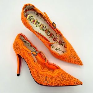 Gucci Virginia 95 Heels Lace Stiletto Mary Jane Pumps 37 Orange
